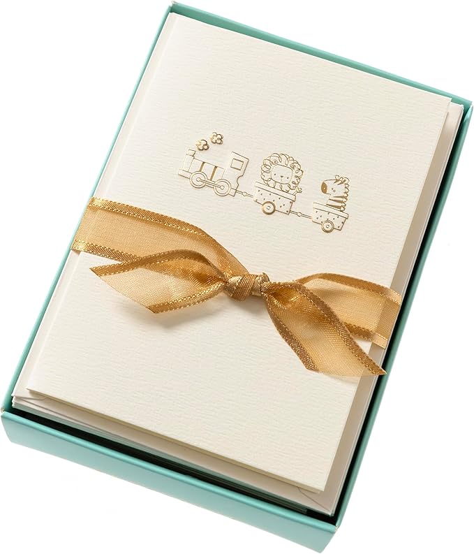 Graphique Baby Train Cards, Pack of 10 Cards with Envelopes, Newborn Greeting, Congratulations to New Parents, Blank Inside, Gold Foil Embossing, La Petite Press Collection Boxed Set, 3.25" x 4.75"