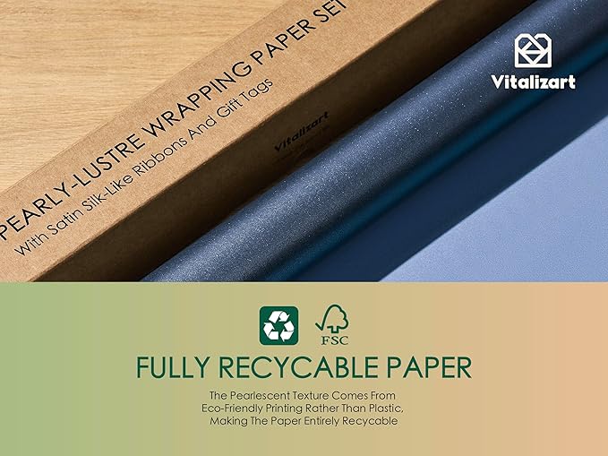 Vitalizart Blue Wrapping Paper Set 30" Pearly-Lustre With Silk Like Satin Ribbon & Gift Tags Recyclable Eco-Friendly Christmas Gift Wrapping Birthday Baby Shower Wedding Handmade Crafts 197"(16.4 Ft)