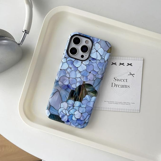 QLTYPRI Flower Case for iPhone 16 Pro Max, Aesthetic Cute Floral Phone Case for Girls Women, Protective Hybrid 2-Layer Hard Shell Silicone Cover Durable Shockproof Phone Cover - Blue Hydrangea