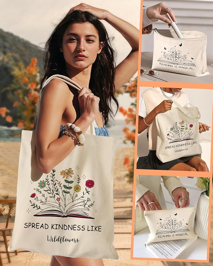 2 Pack Canvas Tote Bag - with Makeup Pouch Aesthetic Cute Women Reusable Canvas Bag for Shopping, Work, Travel