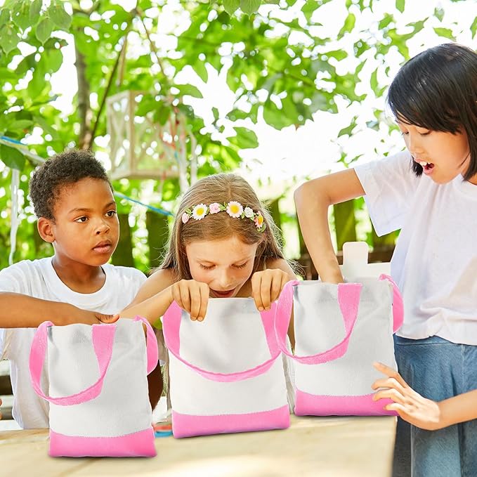Amylove 24 Pcs Mini Tote Bag Sublimation Blank Canvas Tote Bags Reusable Grocery Luggage DIY Sack Goody for Party Even (8.5 x 8 Inch,White with Pink Handle)
