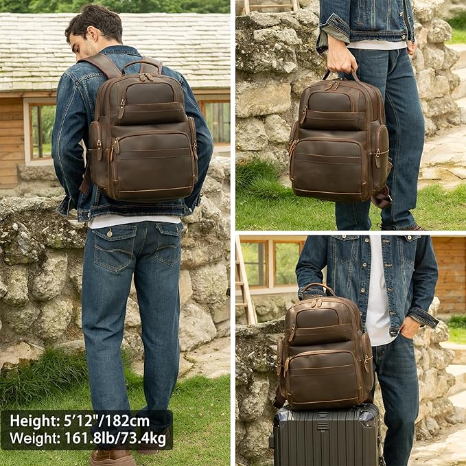 TIDING Men's Vintage Leather Backpack 15.6" Laptop Bag Large Capacity Business Travel Hiking Shoulder Daypacks