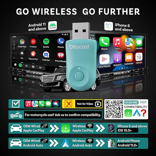 OTTOCAST Mini 2025 Wireless CarPlay & Android Auto 2-in-1 Adapter, Fast Stable Connection, Plug & Play for iPhone & Android Devices