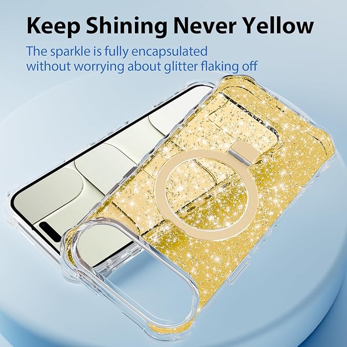 Magnetic for iPhone Air Case with Invisible Stand, Compatible with MagSafe, Clear Bling Sparkle Shockproof Slim Anti-Slip Military Drop Protection Hard Phone Case 6.5" Glitter Gold