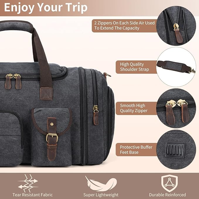 Mens Duffle Bag for Travel 60L Expandable Canvas Weekender Overnight Travel Duffel Bag with Shoe Compartment Carry-On for Airplanes Dark Gray