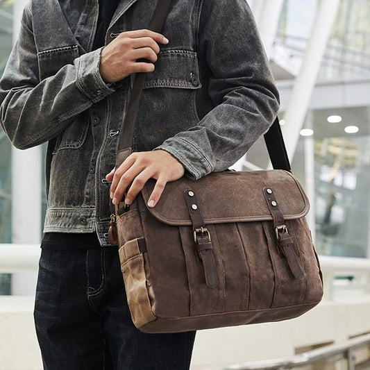 Messenger Bag for Men 15.6 Inch Vintage Canvas Genuine Leather Briefcase for Men Laptop Bag Satchel Shoulder Bag