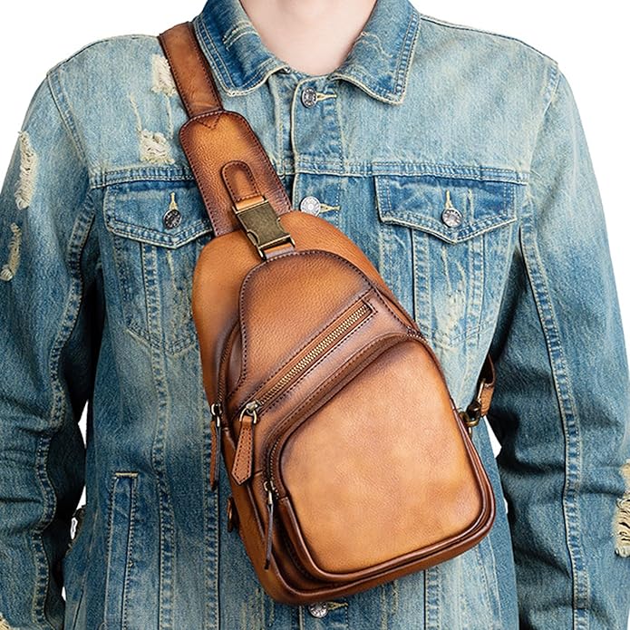 Genuine Leather Sling Bag for Men Women Backpack Chest Shoulder Satchel Crossbody Bags Casual Outdoor Daypack