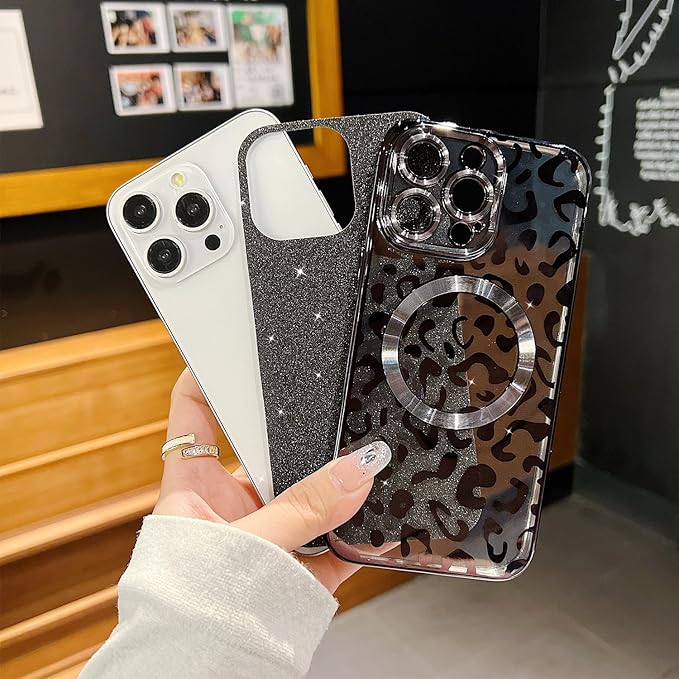 for iPhone 14 Pro Case Magnetic,Soft Cute Luxury Leopard Cheetah Pattern Plating Glitter Bling Phone Case Compatible with MagSafe Clear Shockproof Back Cover for Women Girl 6.1"-Black