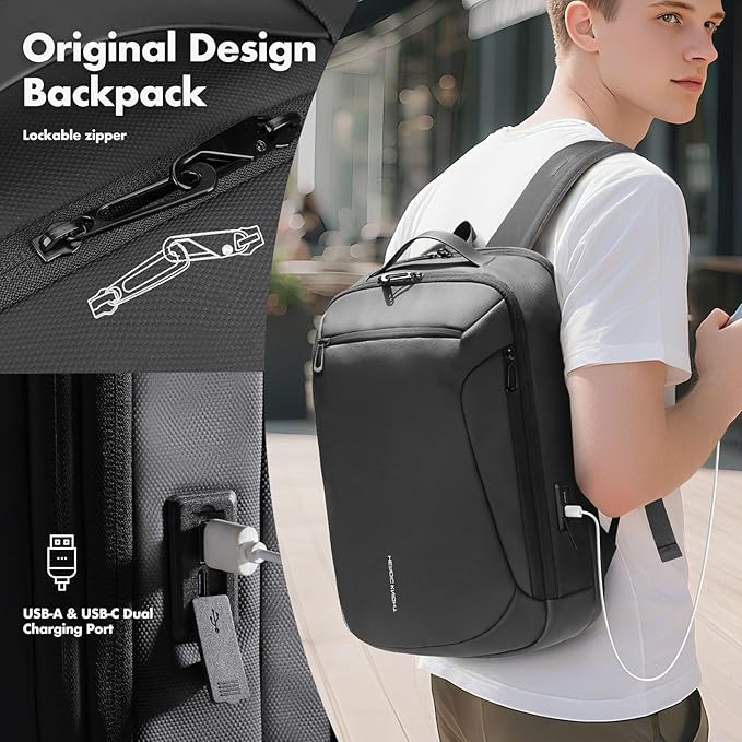 Business Laptop Backpack, Water Resistant Travel Backpack with USB Charging Port, Anti Theft Commute College Backpack for Men Women, Computer Work Bag Casual Daypack Fits 15.6 Inch Notebook - Black