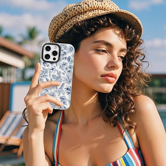 for iPhone 15 Pro Case, Vintage Botanical Pattern with Blue Flowers, Military-Grade Drop Protection, Cute Soft Slim TPU Protective Cover with Camera Lens Protection for Women & Girls