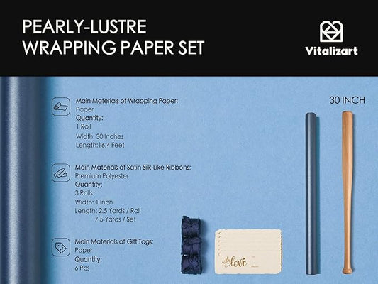 Vitalizart Blue Wrapping Paper Set 30" Pearly-Lustre With Silk Like Satin Ribbon & Gift Tags Recyclable Eco-Friendly Christmas Gift Wrapping Birthday Baby Shower Wedding Handmade Crafts 197"(16.4 Ft)