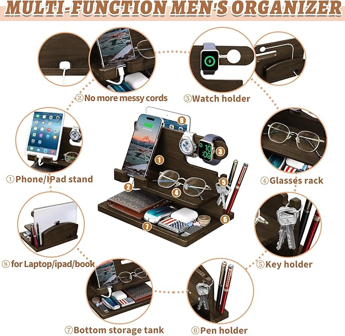 Gifts for Men Wood Phone Docking Station for Men Nightstand Organizer Gifts for Dad Charging Station Cell Phone Stand Desk Organizer Gifts for Husband Boyfriend Brother Son (Grey)