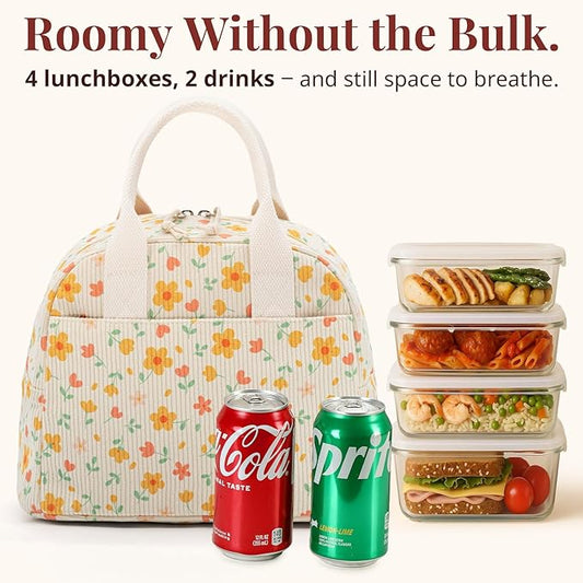 Insulated Yellow Floral Lunch Bag for Women, Stylish Corduroy Tote with Aluminum Lining, Large Capacity Reusable Cooler for Work, Travel, Beach or Picnic, Floral Water-Resistant Lunch Box