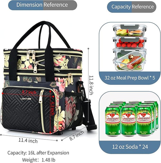 LOKASS Lunch Box for Women, 16L, Double Deck Expandable Insulated Lunch box For Adults/Women Thermal Large Waterproof Leakproof Cooler Bag with Shoulder Strap - Peony