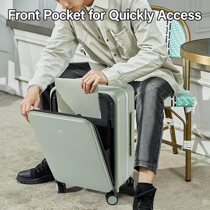 Hanke Grace Hard Shell Suitcases with Wheels,20 Inch Carry On Luggage Airline Approved with Aluminum Frame, Travel suitcase with Front Pocket Travel Luggage for Short Business Trips, Bamboo Green.