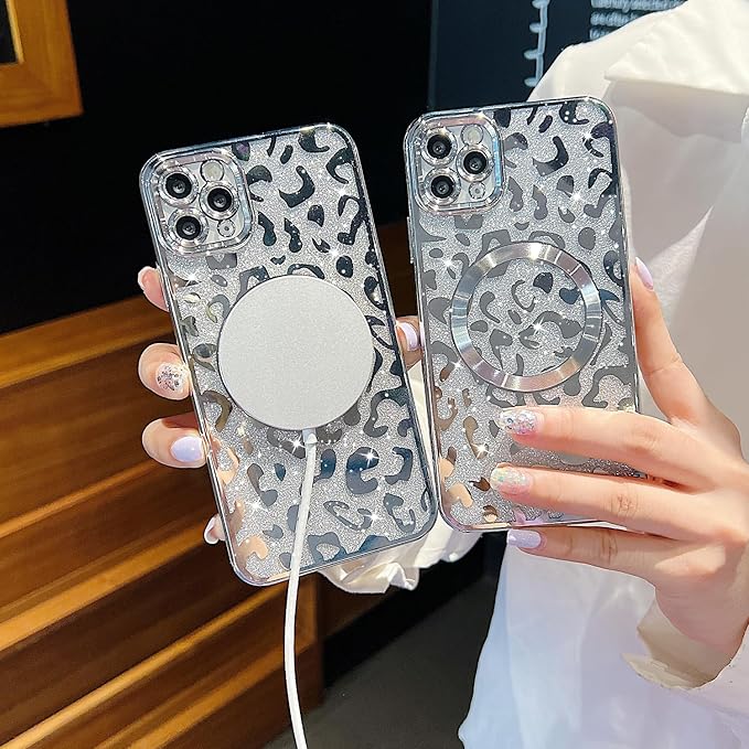 for iPhone 11 Pro Case Magnetic,Soft Cute Luxury Leopard Cheetah Pattern Plating Glitter Bling Phone Case Compatible with MagSafe Clear Shockproof Back Cover for Women Girl 5.8"-Silver