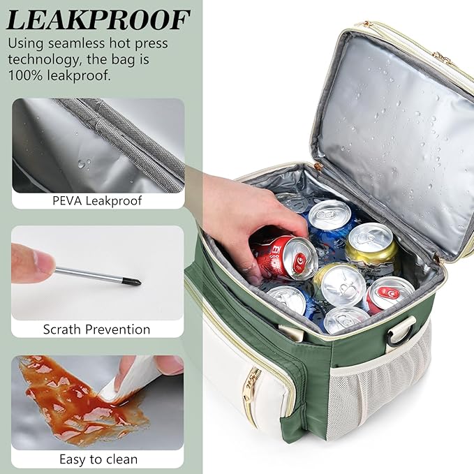 LOKASS Lunch Box for Women, 16L, Double Deck Expandable Insulated Lunch box For Adults/Women Thermal Large Waterproof Leakproof Cooler Bag with Shoulder Strap - Military Green