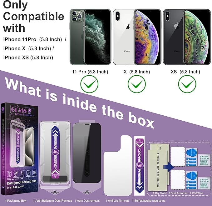 CHISHA 2-Pack Privacy Screen Protector for iPhone 11 Pro and iPhone Xs and iPhone X 5.8-Inch, Auto Dust Removal, No Bubbles,Anti-Spy Tempered Glass Film, Easy Installation