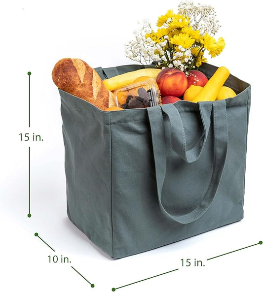 VeraMia Canvas Grocery Bag 3pc XL Set with Real Pockets, Long Shoulder Strap and Short Handle. Heavy Duty, Foldable, Washable