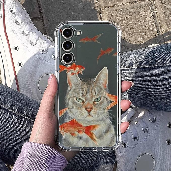Case for Samsung Galaxy S23+ with Cool Cat Design,Cute Goldfish Pattern for Children,Clear Soft TPU Bumper Phone Cover,6.6"(Cat,S23P)