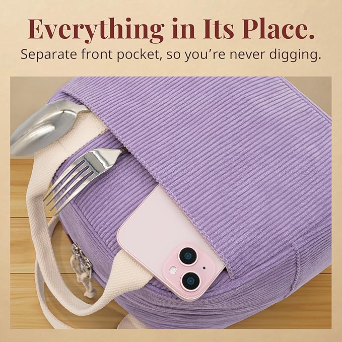 Insulated Purple Haze Lunch Bag for Women, Stylish Corduroy Tote with Aluminum Lining, Large Capacity Reusable Cooler for Work, Travel, or Beach, Beige Cream Water-Resistant Lunch Box