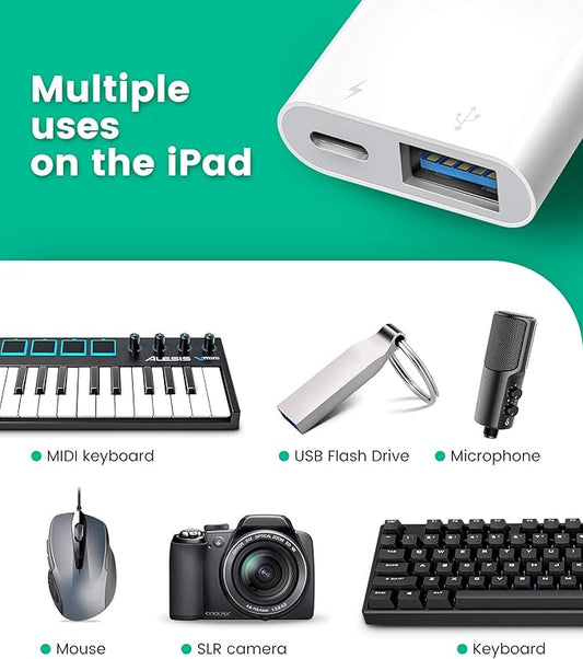 USB Adapter for iPhone/iPad, LᎥghtnᎥng to USB Female OTG Adpater,USB3 to iPad Adapter with Charging Port,Supports FlashDrives,MIDI,SD Card Reader and Mouse,Plug&Play