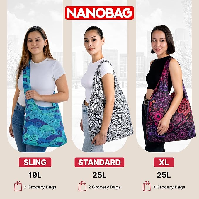 Nanobag Ultra-Lightweight Men and Women Sling Bag, Heavy Duty Foldable Crossbody Bag for Travel and Shopping, Packable Reusable Grocery Tote with Handles (Navy)