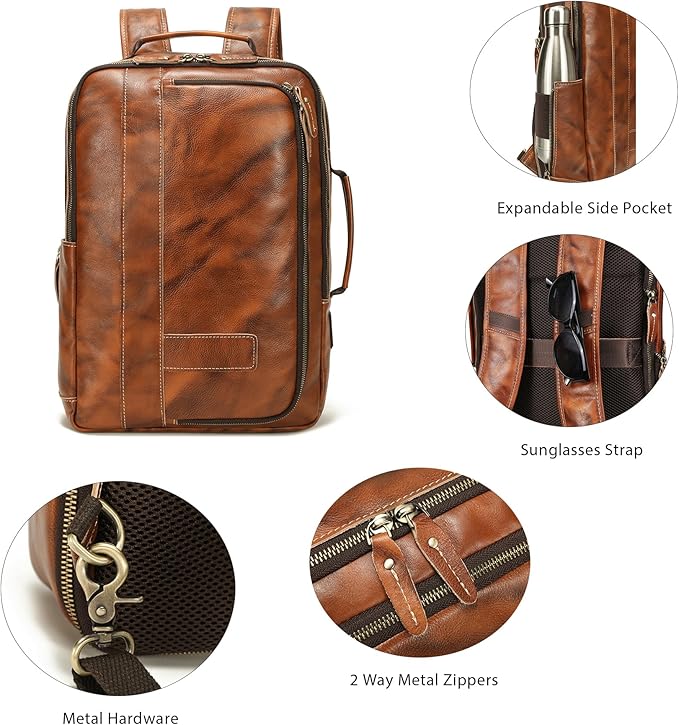 LANNSYNE Vegetable Tanned Leather Backpack for men, Expandable Leather Backpack Fits 15.6 Laptop, Tote Shoulder Travel Bag Rucksack