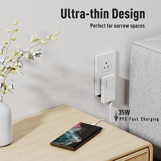 Ultra-Thin 35W USB-C PD Super Fast Charger, 2-Port Wall Charger, PD 3.0& QC 3.0 Compatible for Samsung Galaxy S24/ S24 Ultra/ S23/ S23 Ultra/Z Fold4/ A54 5G/ S22 Series/Pixel 8 Pro/iPhone 15 Pro