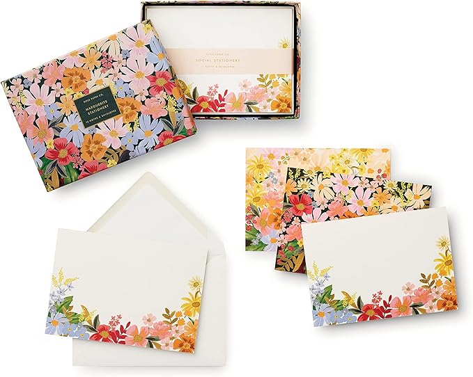 RIFLE PAPER CO. Marguerite Social Stationery Set - Set of 12 Cover-Weight Flat Notes - Full Color Designs on Back - Natural White Cover Paper - Great for Thank Yous, Greetings and More