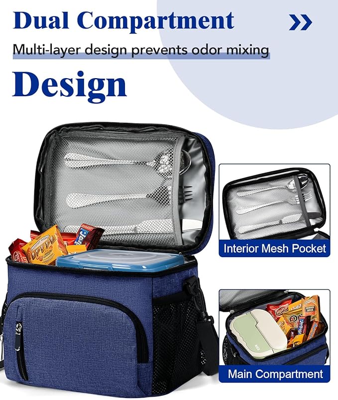 Insulated Lunch Bag for Men & Women - Leakproof Lunch Box Soft Cooler Tote, Adjustable Strap, Reusable Lunch Box for Work Office Picnic Beach Travel-Navy Blue