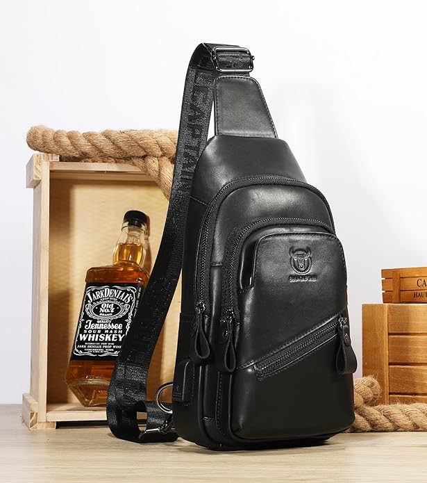 BULLCAPTAIN Mens Leather Sling Bag Backpack Casual Outdoor Shoulder Crossbody Chest Bag with USB Charging Port