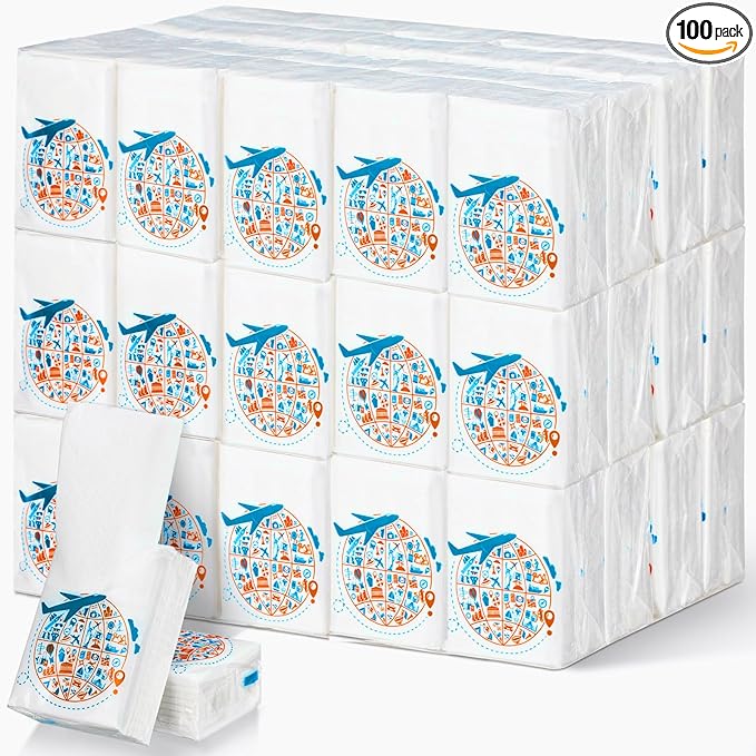 Therwen 100 Pack Pocket Tissues Travel Packs Bulk 1000 Sheet Mini Tissues Bulk 3 Ply Small Travel Size Paper Individual Pocket Size (Journey Theme)