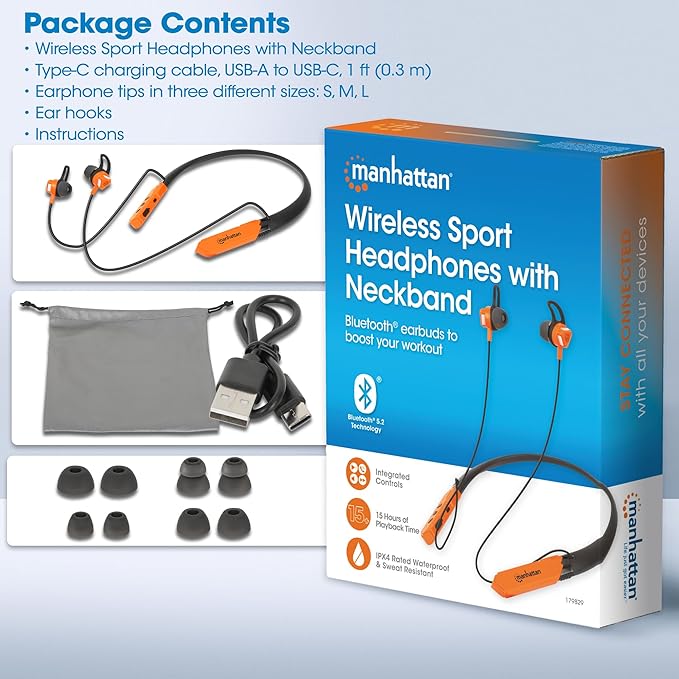 MANHATTAN Bluetooth Wireless Neckband Headphones — Work Earbud Earphones with 15H Playtime, Noise-Isolating, IPX4 Water Resistant, Built-in Mic – for Work, Music, Calls – 3 Yr Mfg Warranty -179829