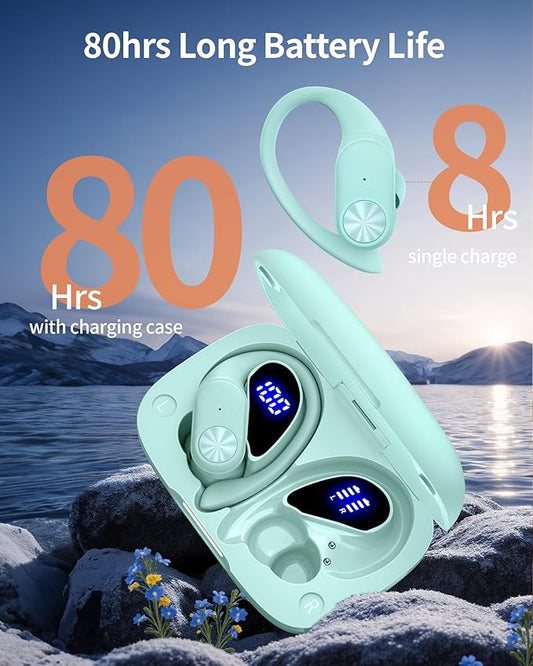 Bluetooth Earbuds 80H Playtime Wireless Headphones with Earhooks, Over-Ear Sports Earbuds with Charging Case & LED Display, Deep Bass IPX7 Waterproof Earphones for Workout, TV, Phone, Laptop
