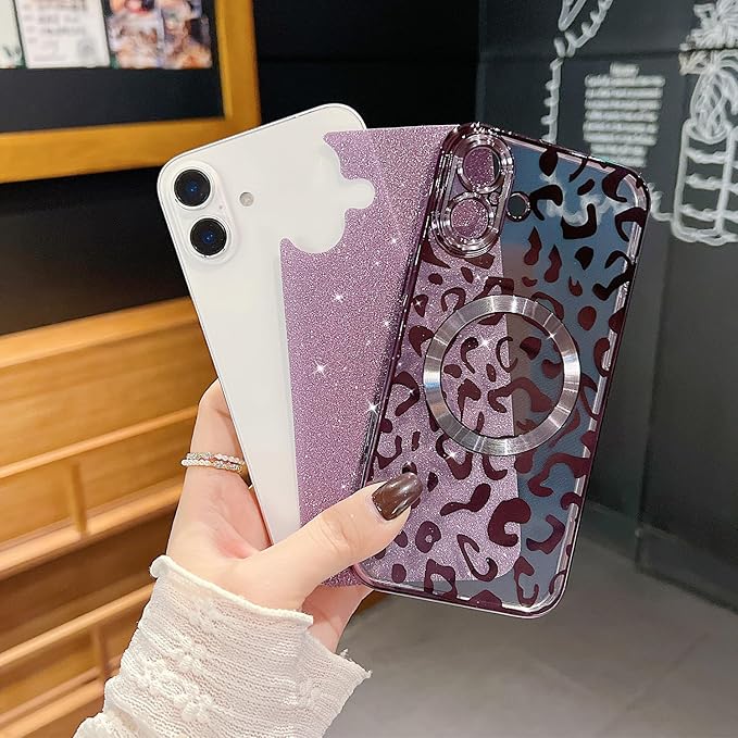 for iPhone 16 Plus Case Magnetic,Soft Cute Luxury Leopard Cheetah Pattern Plating Glitter Bling Phone Case Compatible with MagSafe Clear Shockproof Back Cover for Women Girl 6.7"-Purple