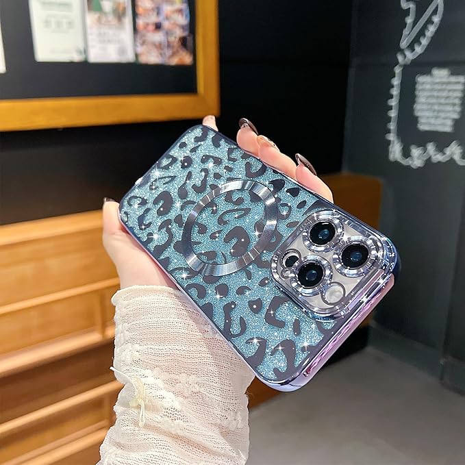 for iPhone 16 Pro Case Magnetic,Soft Cute Luxury Leopard Cheetah Pattern Plating Glitter Bling Phone Case Compatible with MagSafe Clear Shockproof Back Cover for Women Girl 6.3"-Blue