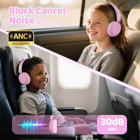 MIDOLA Active Noise Cancelling Kids Headphones Bluetooth 5.4 Wireless Volume Limited 85/94dB,Type C Fast Charging,Over Ear Foldable with Mic Aux Cord for Toddler Child Pad Tablet Pink