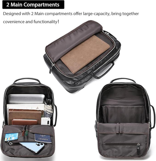 LANNSYNE Vegetable Tanned Leather Backpack for men, Expandable Leather Backpack Fits 15.6 Laptop, Tote Shoulder Travel Bag Rucksack