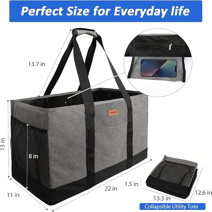 MHOMER Reusable Grocery Bags Extra Waterproof Large Utility Tote Bag with Carrying Handles Foldable Shopping Bags for Storage Space Saving Reinforced Bottom Durable Oxford Fabric Grey