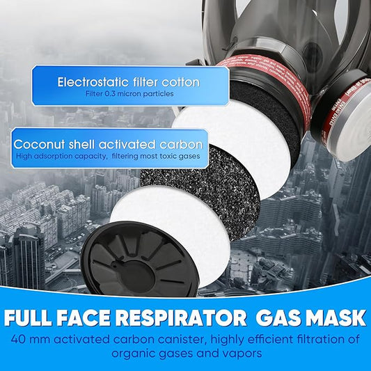 Full Face Respirator Gas Mask - Survival Nuclear and Chemical with 40 mm Activated Carbon Filter, for Painting Welding Chemical and Organic Vapor 6800
