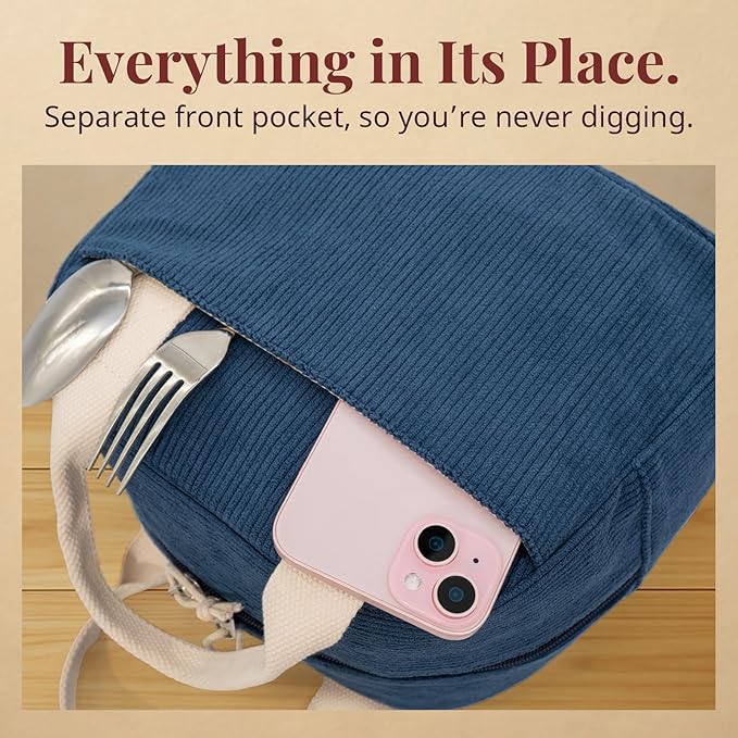 Insulated Navy Blue Lunch Bag for Women, Stylish Corduroy Tote with Aluminum Lining, Large Capacity Reusable Cooler for Work, Travel, or Beach, Beige Cream Water-Resistant Lunch Box