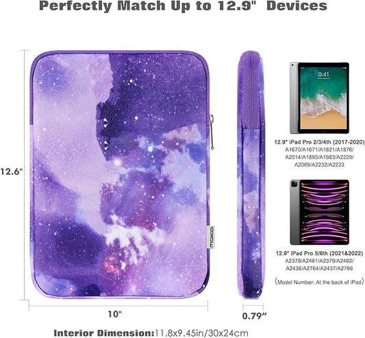 MoKo 12.9 Inch Laptop Sleeve Case Fits iPad Pro 12.9 M2 2022/2021/2020, Galaxy Tab S8+/S9+ 12.4 2022/2023, Polyester Bag Fit with Apple Pencil and Smart Keyboard, Purple Starry Sky