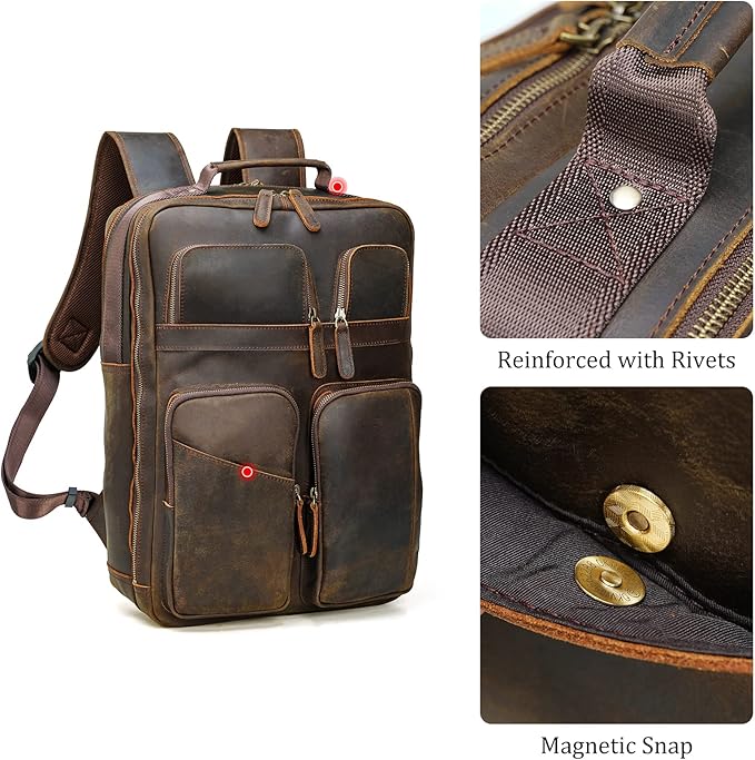 Polare 17.3 Inch Full Grain Leather Backpack for Men and Women Multi Pockets Business Travel Laptop Rucksack (Brown)