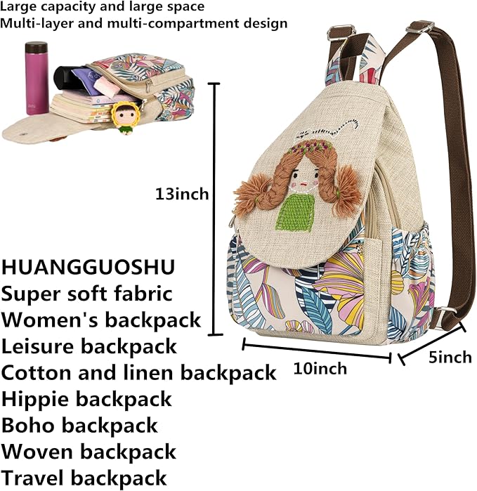 HUANGGUOSHU Women Cotton Woven Bohemian Hemp Boho Canvas Embroidery Multi Pocket Retro Cute Backpack Wallet Backpack Little girl and dog watch the sea