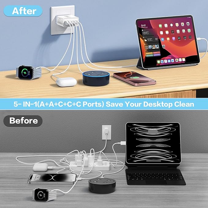 USB C Fast Charger Block,50W 5-Port Wall Charger Brick,2 USB A & 3 USB C PD3.0 Power Adapter Multiport Type C Charging Plug for iPhone 16/15/14/13,iPad mini/Pro,Galaxy