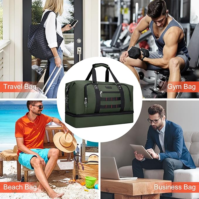 WITZMAN Travel Duffle Bags for Men Weekender Bags with Toiletry Bag Sets Carry On Overnight Bag 55L (B696 Army Green)