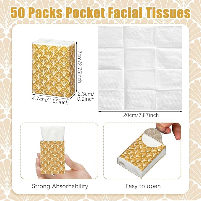 Ctosree 50 Pack Vintage Pocket Tissues Travel Packs Bulk 500 Sheet Small Tissues Pocket Packs Party Favors 3 Ply Mini Travel Size Individual for Allergy Camping