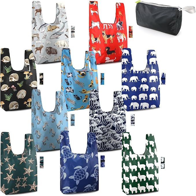 BeeGreen Reusable Grocery Bags Bulk Gifts 10-Pack - Large Tote with Zipper Pouch | Foldable & Washable Polyester Shopping Bags Heavy Duty Animal Lover Gifts Reusable Bag With Handles