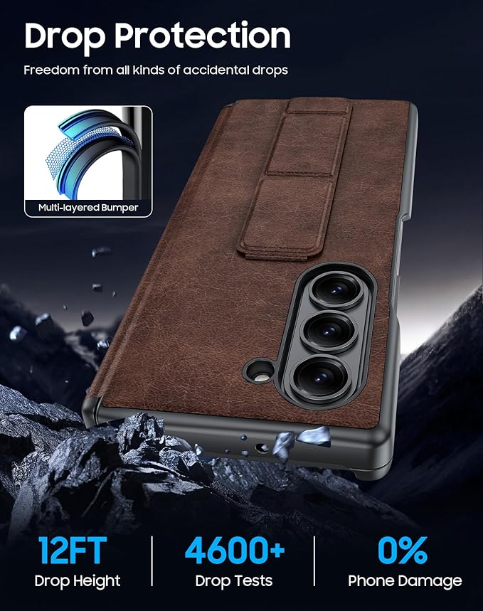 for Samsung Galaxy Z Fold 6 Case with Hand Strap & Kickstand & Hinge Protection, Ultra Slim Skin Feel Pattern Printing Full Body Shockproof Phone Case for Z Fold 6, No Screen Protector (Vintage Brown)